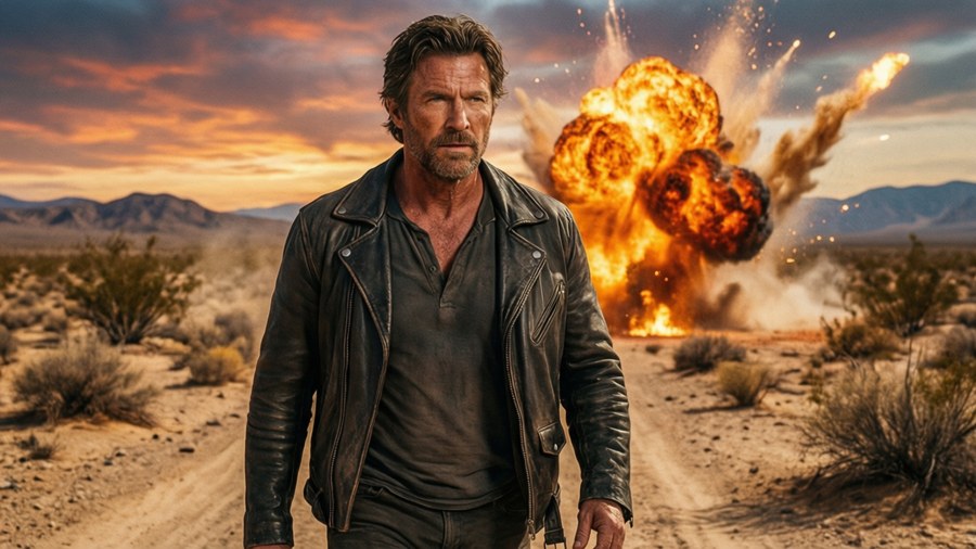 Matt Morgan walks away from an explosion in an action movie style
