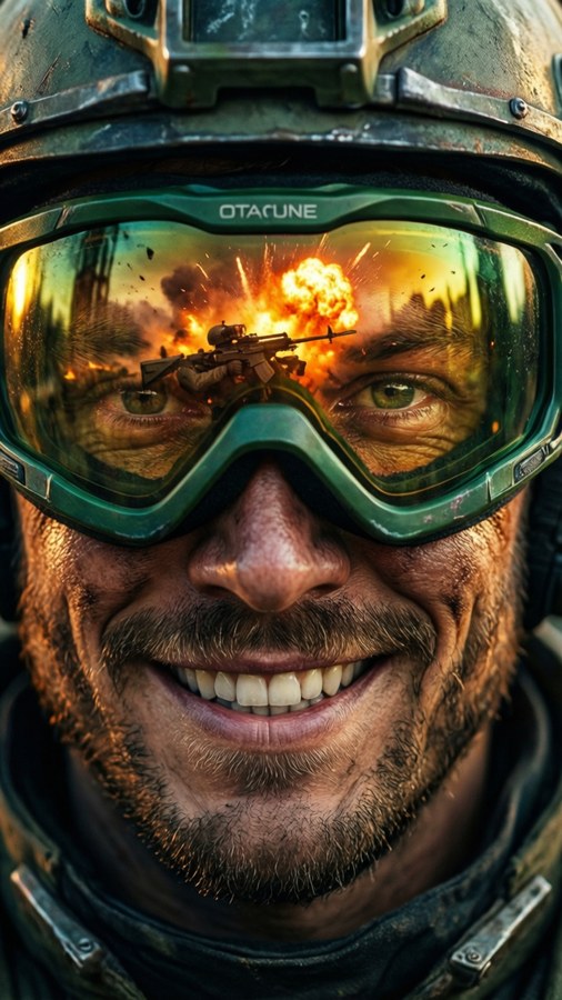 Intense close-up of Octane's face with goggles reflecting fire.