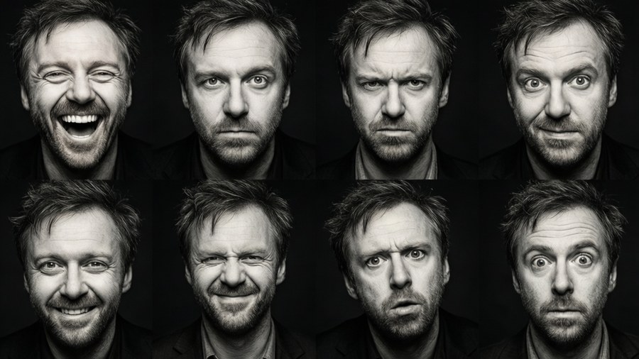 Grid of eight black and white portraits of a man showing different facial expressions.