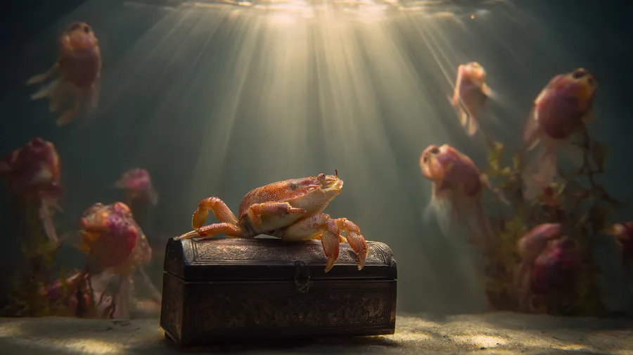 Crab,treasure chest,underwater,mystical,light,ethereal,translucent,sea,ocean,animal,marine,fantasy,nature