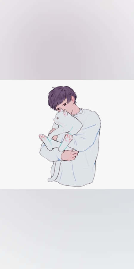 Wallpaper Estetico di un Ragazzo Anime che Abbraccia un Gatto