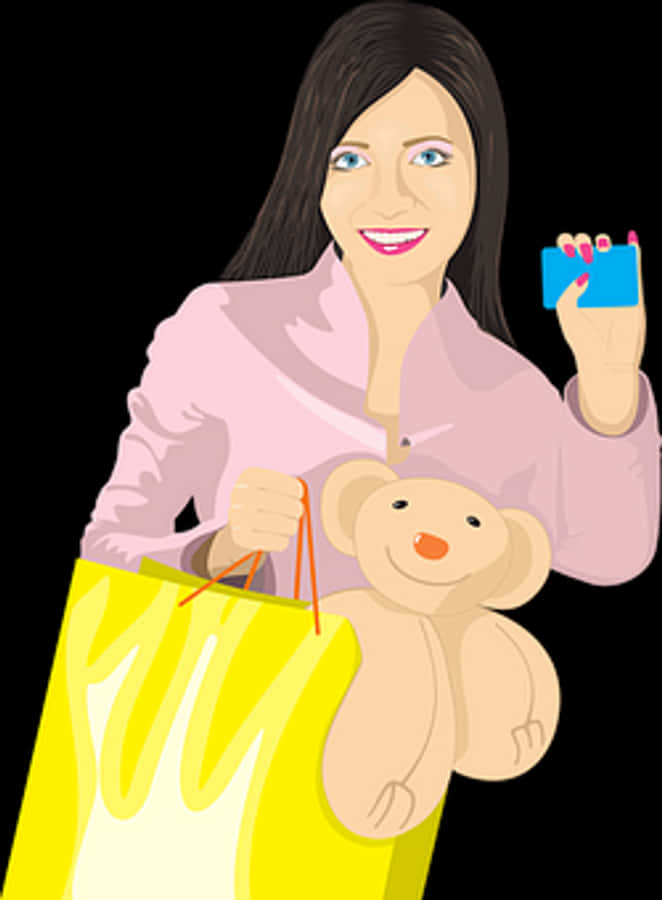 Shopping Girl With Teddy Bear And Card Illustration