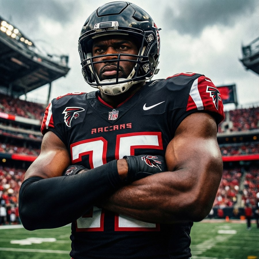 Bold pop art style wallpaper of Jeff Okudah in Falcons gear.