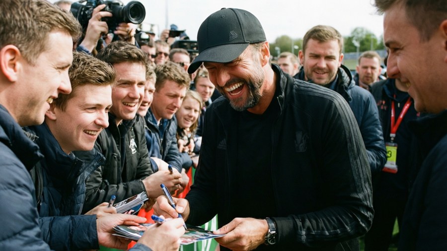 Jürgen Klopp interagissant joyeusement avec les fans et signant des autographes