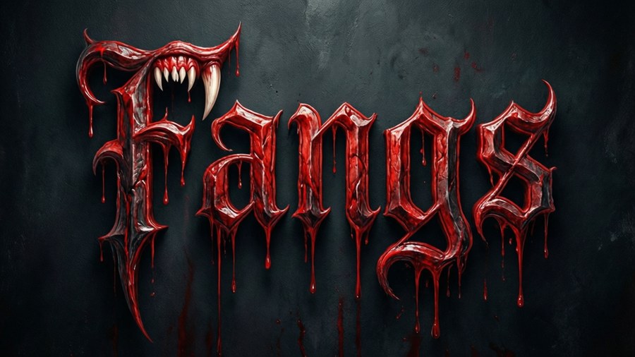 Gotisches Typografie-Tapete mit dem Wort 'Fangs' und tropfendem Blut.