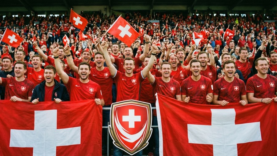 Switzerland fans cheering with Swiss flags