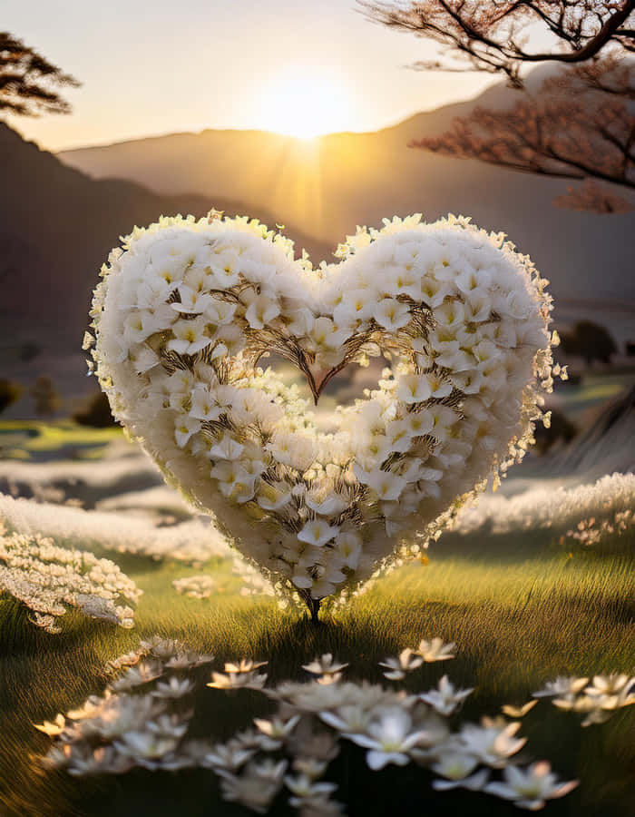 heart shaped flowers,sunlight,nature scenery,white flowers,romantic scene,flower field,sunset,peaceful,aesthetic image,flower arrangement