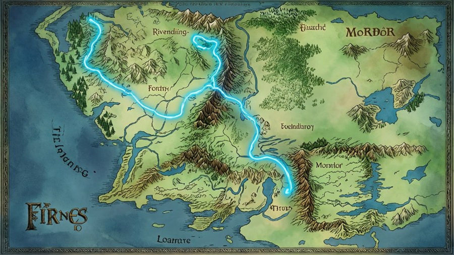 A watercolor map showing the Fellowship's journey across Middle Earth
