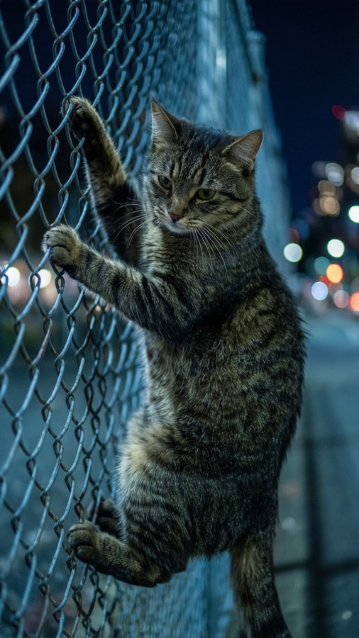 Cat climbing a chainlink fence at night with cool blue tones and motion blur.