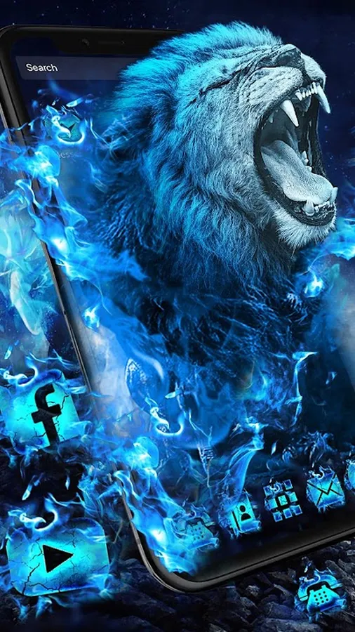 A stunning galaxy lion wallpaper features a cyan blue lion emerging from a mobile phone screen.