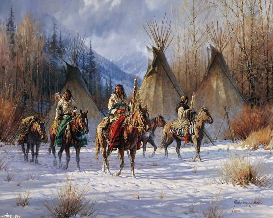 EinGemälde von amerikanischen Ureinwohnern, die auf Pferden durch den Schnee reiten.