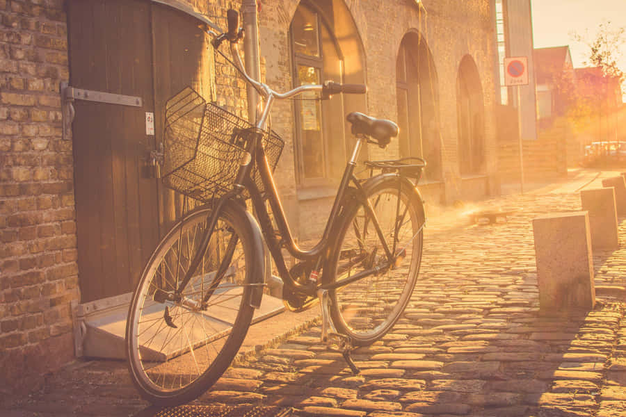 Bicicleta da Hora Dourada em Rua de Paralelepípedo