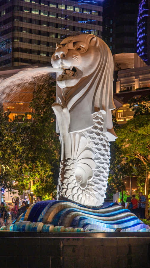 Merlion Staty Singapore Natt