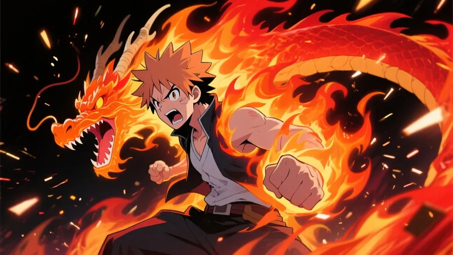 Natsu unleashes his signature Fire Dragon Roar in an explosive display.