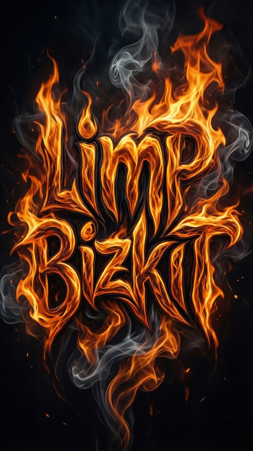 Limp Bizkit logo formed from fire and smoke on dark background.