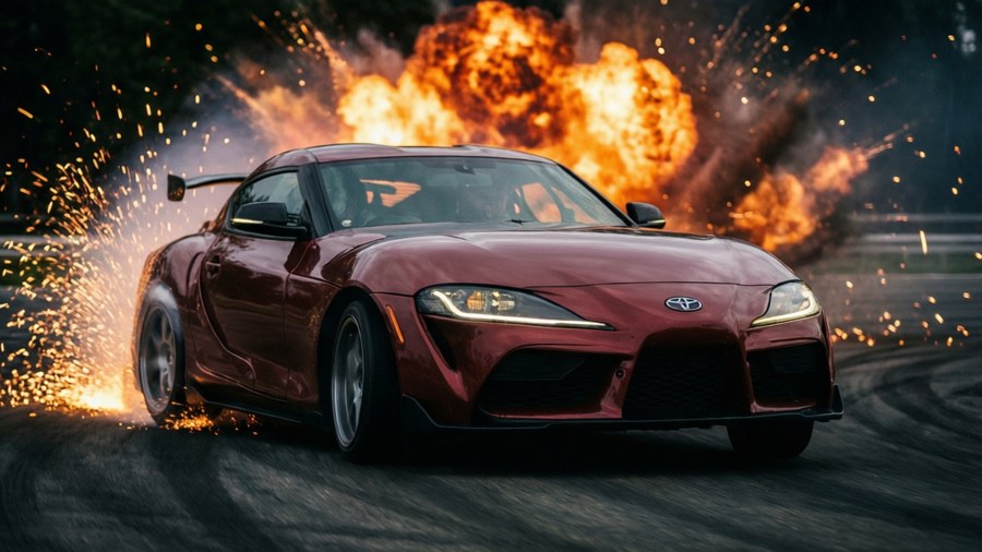 Supra driftaa tulisten räjähdysten ja kipinäjälkien kanssa tummalla taustalla.