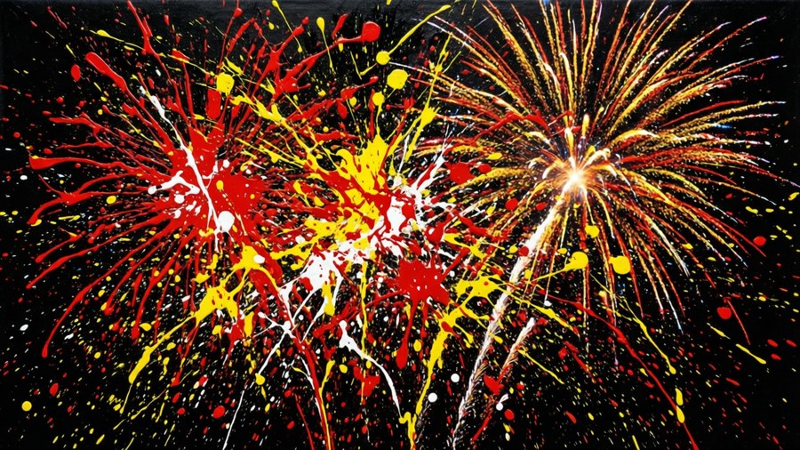 Dipinto in stile Pollock che ricorda uno scoppio di fuochi d'artificio