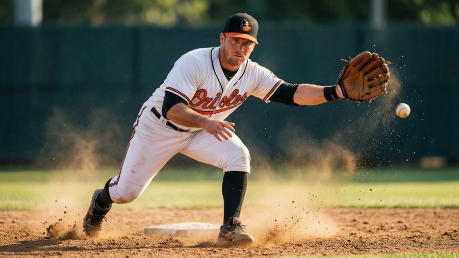Ryan Mountcastle fielding at first base, stretching for a throw in bright sunlight.