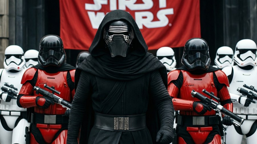 Kylo Ren at the head of stormtroopers, a leader of the First Order.