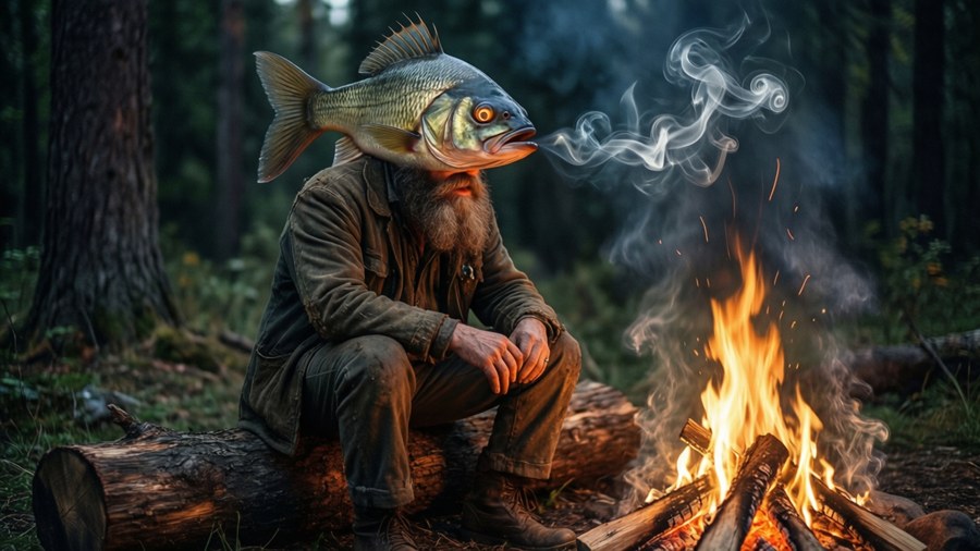 Clancy with a fish head sits by a mystical campfire in the woods.