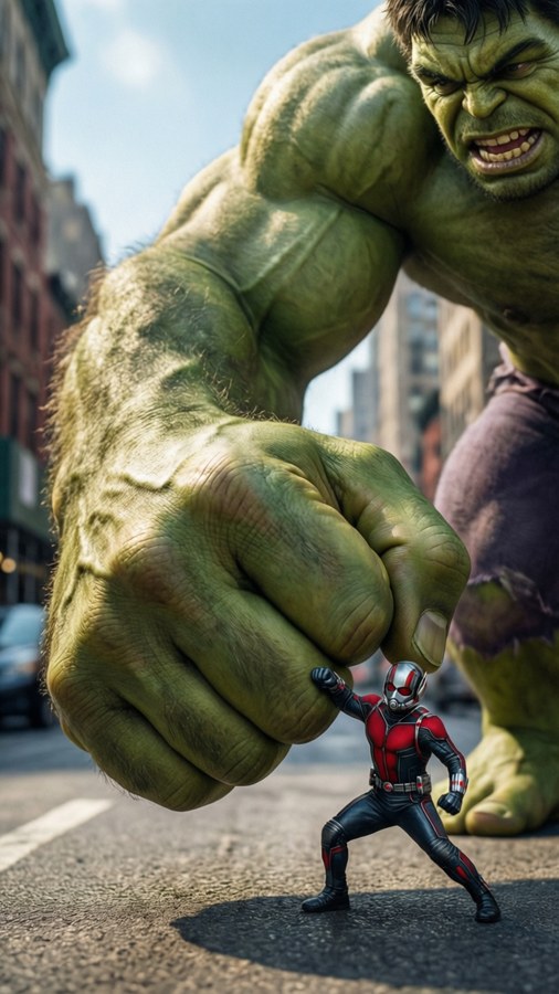 Whimsical wallpaper of Hulk fist-bumping Ant-Man.