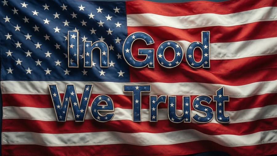 American flag with 'In God We Trust' blending into the folds.