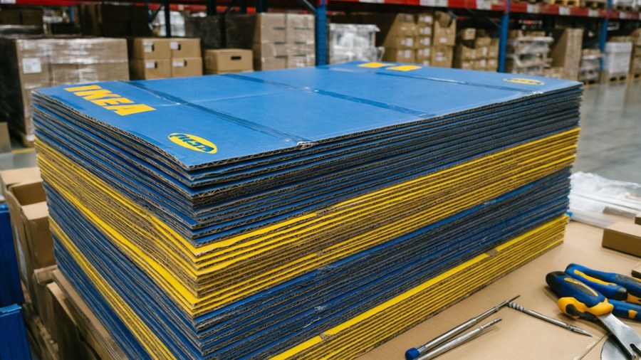 Staplade IKEA platta paket lådor redo för montering.