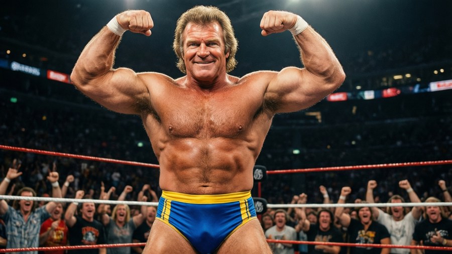 Paul Orndorff flexing in the ring, vibrant arena scene.