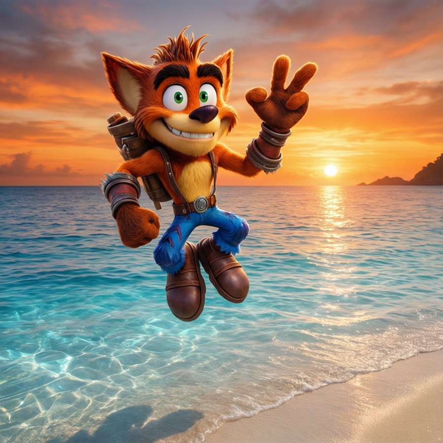Crash and Aku Aku float peacefully over a beach at sunset.