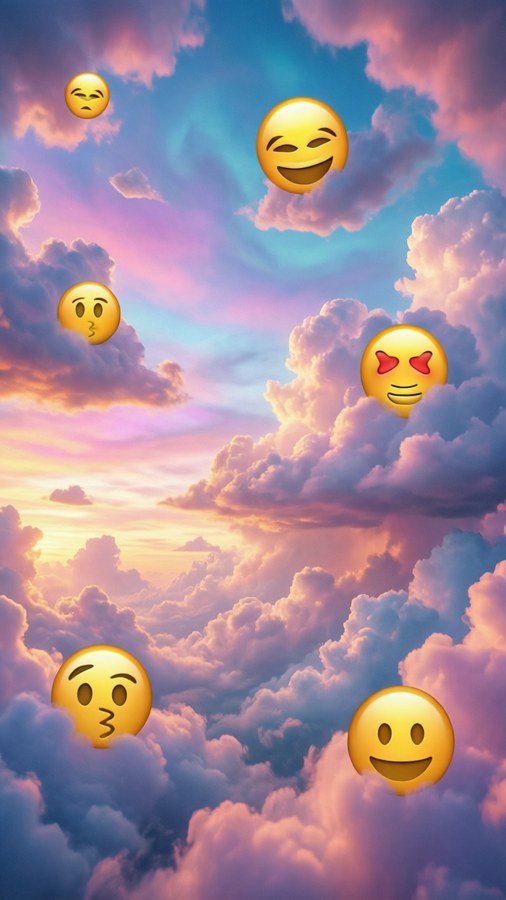Whimsical dreamscape with meme faces as clouds