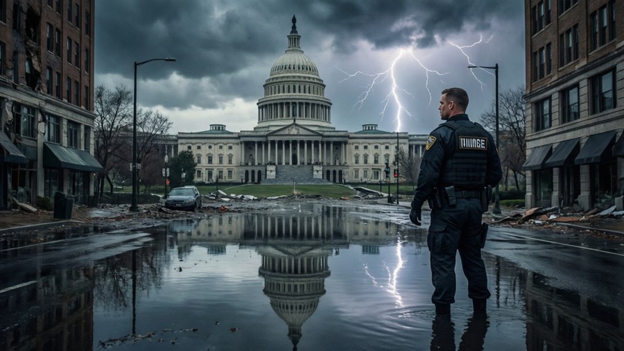 A Division agent in a flooded street reflecting the ruined Capitol.