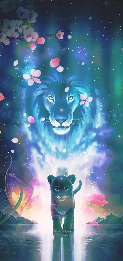 A wonderful galaxy lion fan art from The Lion King movie features Simba and Mufasa against a floral and galaxy design.