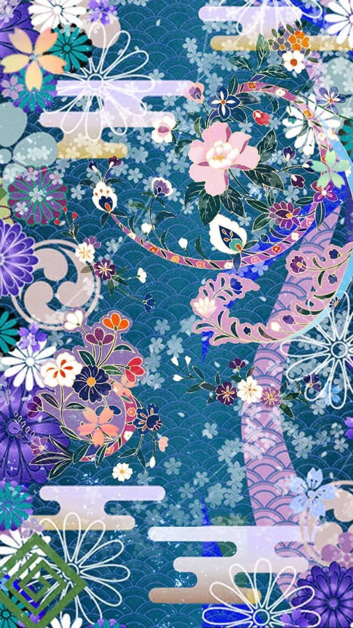 Flower illustration with colorful pattern wallpaper