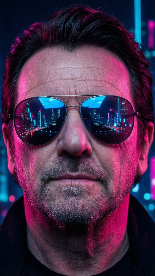 Bono with fly sunglasses reflecting a neon city, futuristic and cool.