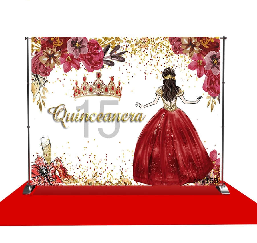 panode fundo para quinze anos com vestido vermelho e flores douradas