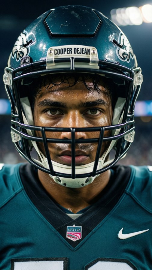 Intense close-up portrait of Cooper Dejean as a Philadelphia Eagle.