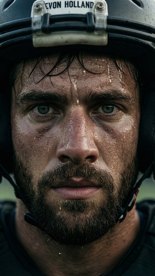 An intense close-up portrait of Jevon Holland showing determination.