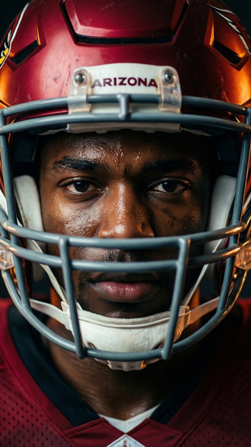 Close-up portrait of Marquise Brown with fierce determination.