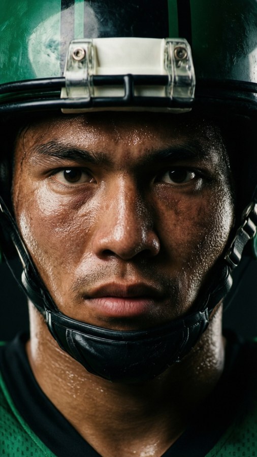 Close-up portrait of Jordan Mailata with intense expression.