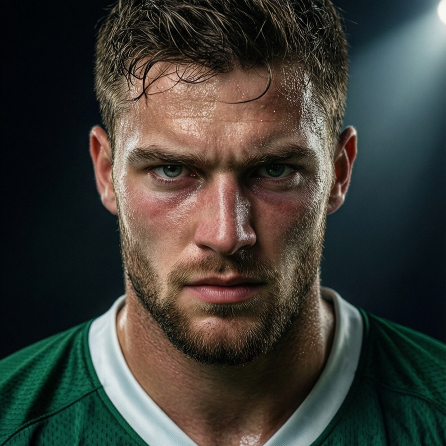 Close-up portrait of Payton Pritchard with an intense focus, spotlight effect.