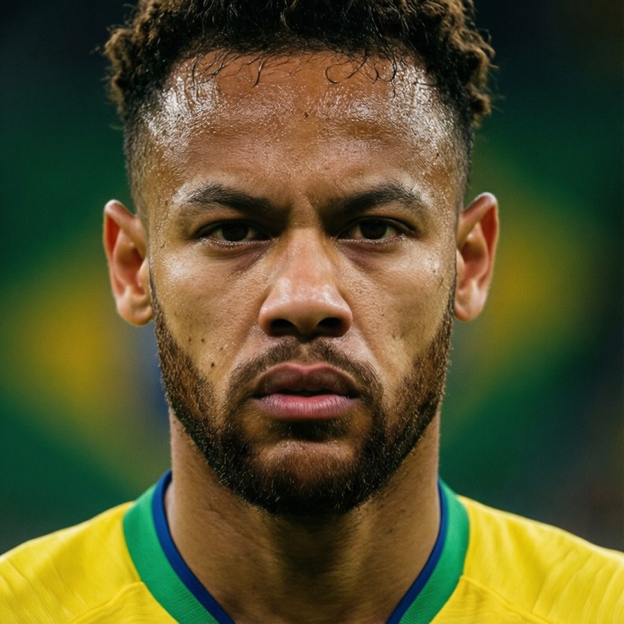 Intense portrait of Vinicius Jr with Brazil colors.
