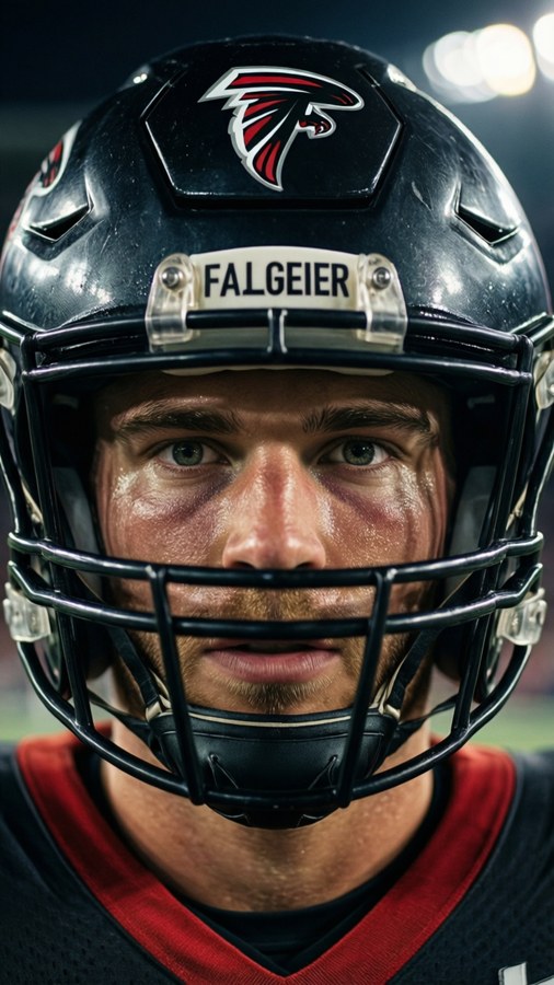Close-up portrait of Tyler Allgeier in helmet, showing determination.