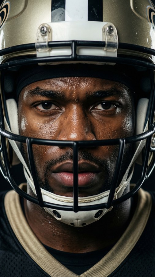 Intense close-up portrait of Demario Davis in his Saints helmet.