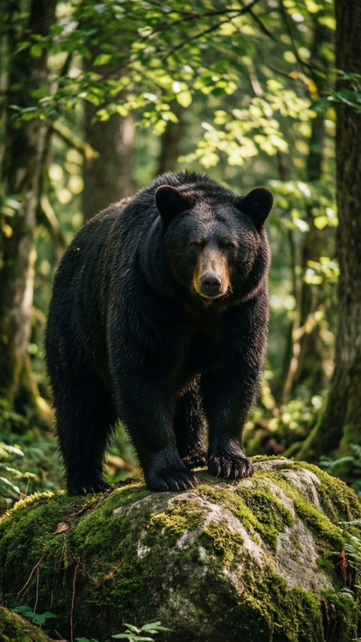 Een zwarte beer op een rots in een zonovergoten bos