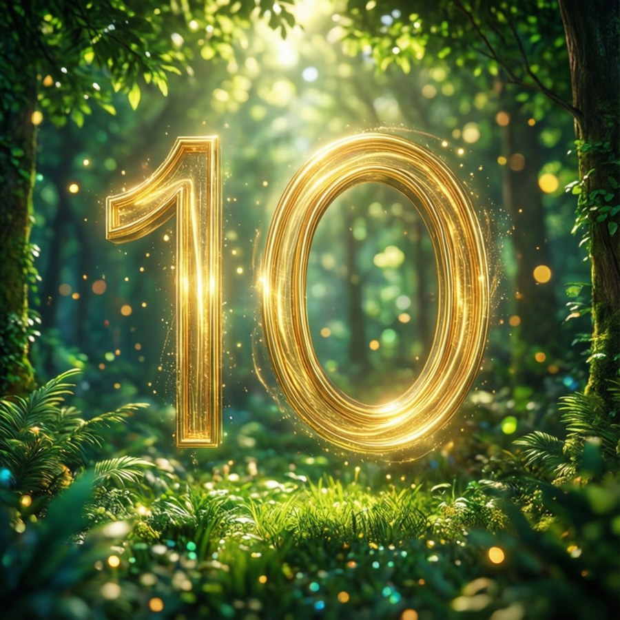 Golden numbers hovering in a sunlit forest