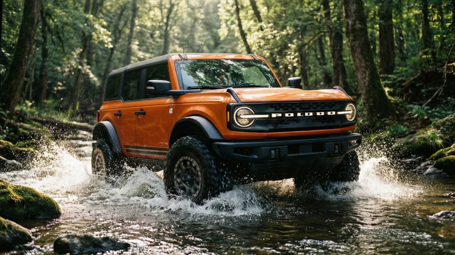 An orange Ford Bronco driving through a forest stream with water spray