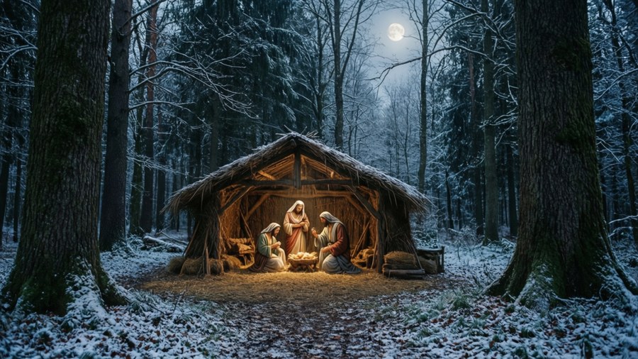 A serene nativity set in a snowy forest clearing.
