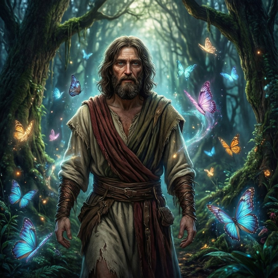 Fantasy Lazarus in una foresta magica con farfalle luminose