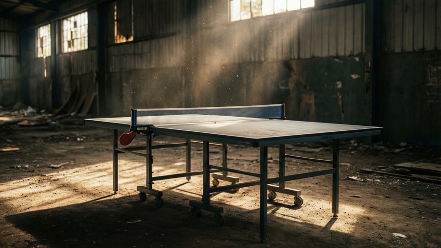 Ein verlassener Tischtennistische in einem verstaubten Lagerhaus