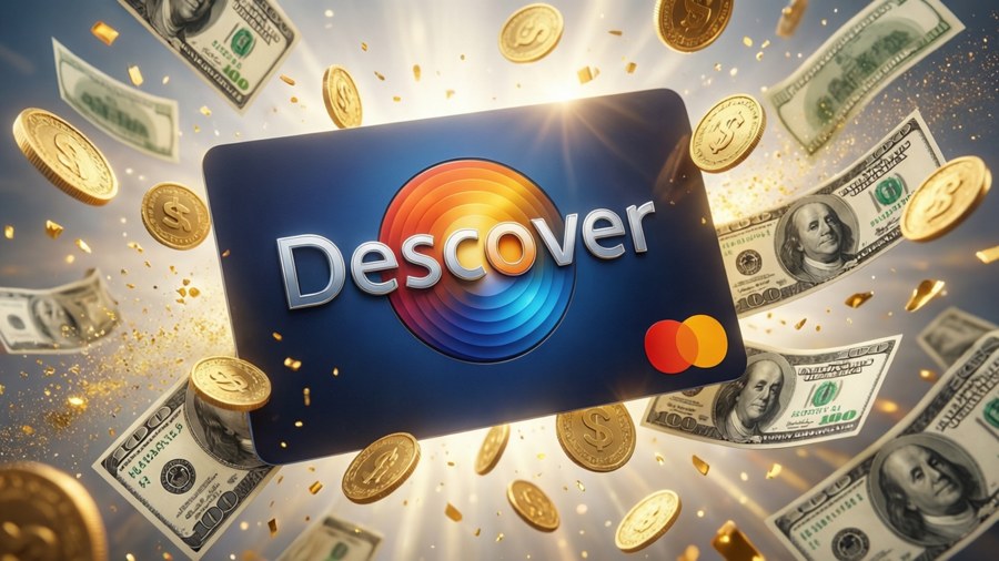 A Discover card amid falling money and gold.